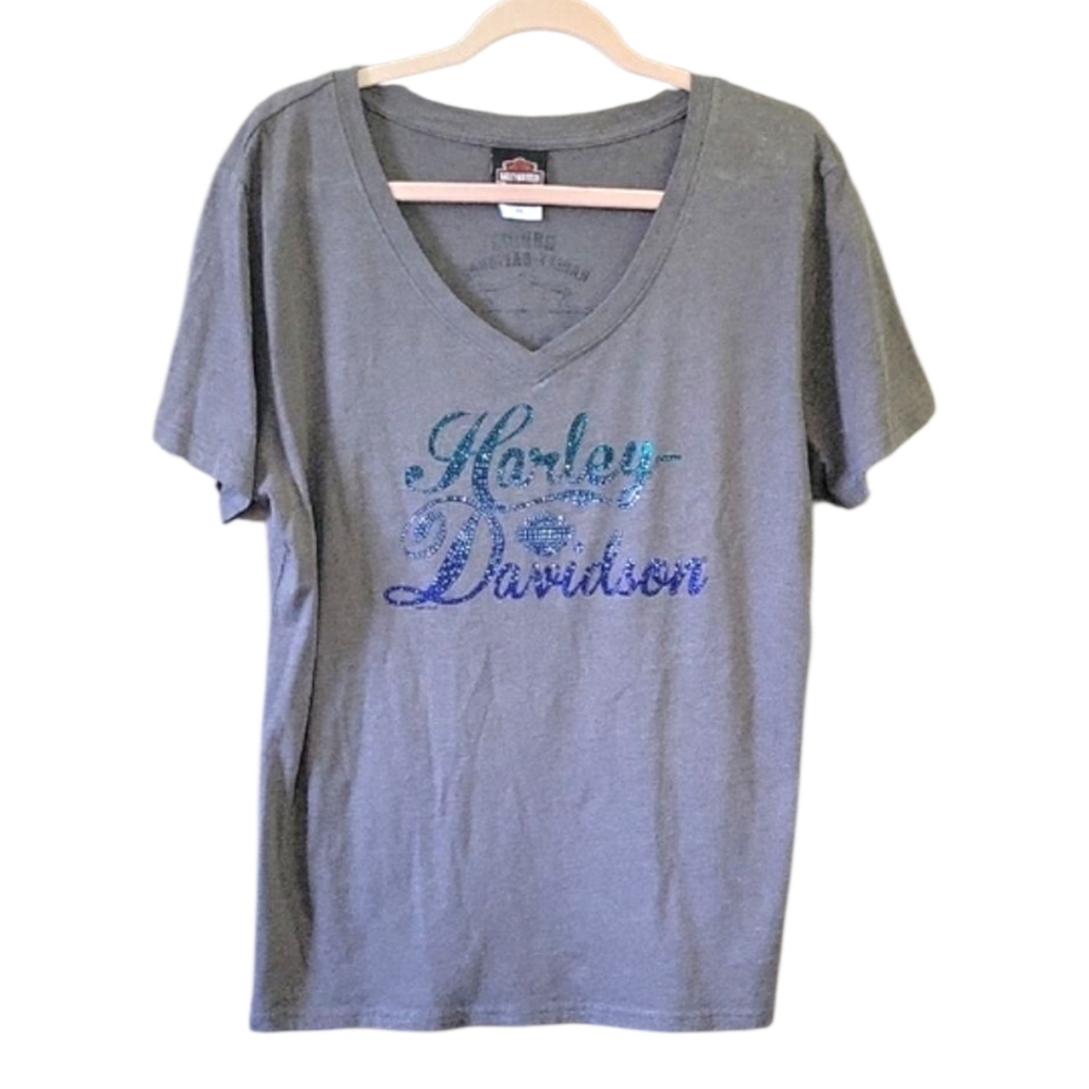 Harley Davidson - Blue Bling Harley Logo V Neck T Shirt - Size 2X